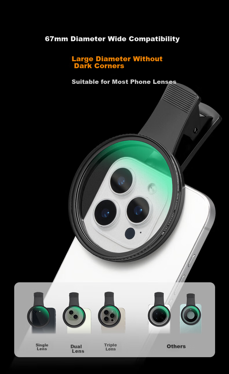 Zhuoer Polarizing Filter for Huawei, Xiaomi 15 Ultra And Apple Phones, Professional CPL Polarizing Filter, 67mm Phone Clip Shooting Tool, ND Filter 2