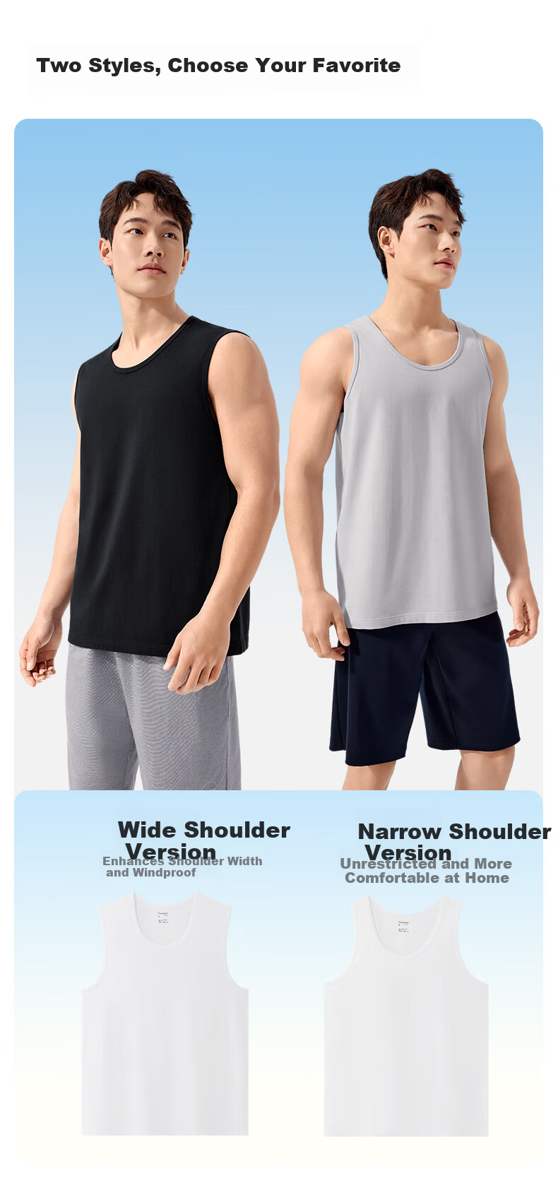 PurCotton Men's Antibacterial Wide-Shoulder Tank Top T-Shirt Base Layer 2-Pack 3