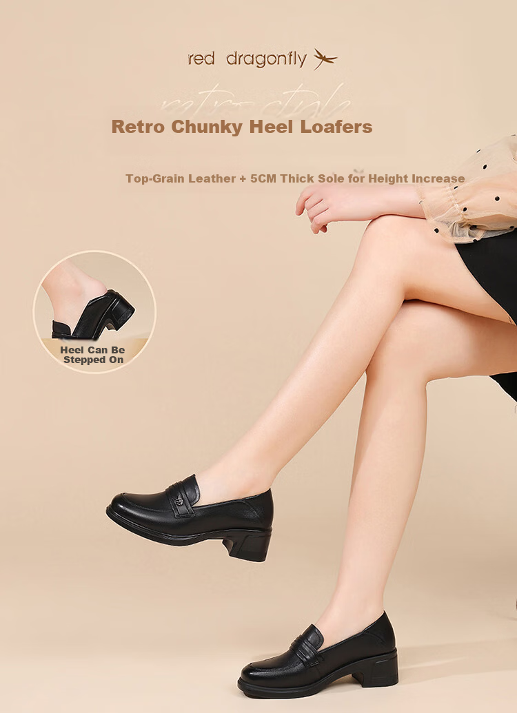 Red Dragonfly Women's Loafers Breathable Chunky Heel Leather Shoes Commuting Workplace Soft Sole Wear-Resistant Flats WTB161062 Off-White Size 37 1