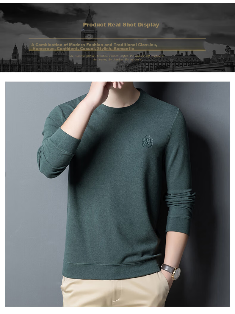 ROMON Men's Spring and Autumn Business Crew Neck Long Sleeve T-Shirt Quality Casual Base Shirt Jacket Men's 113 Green M 8