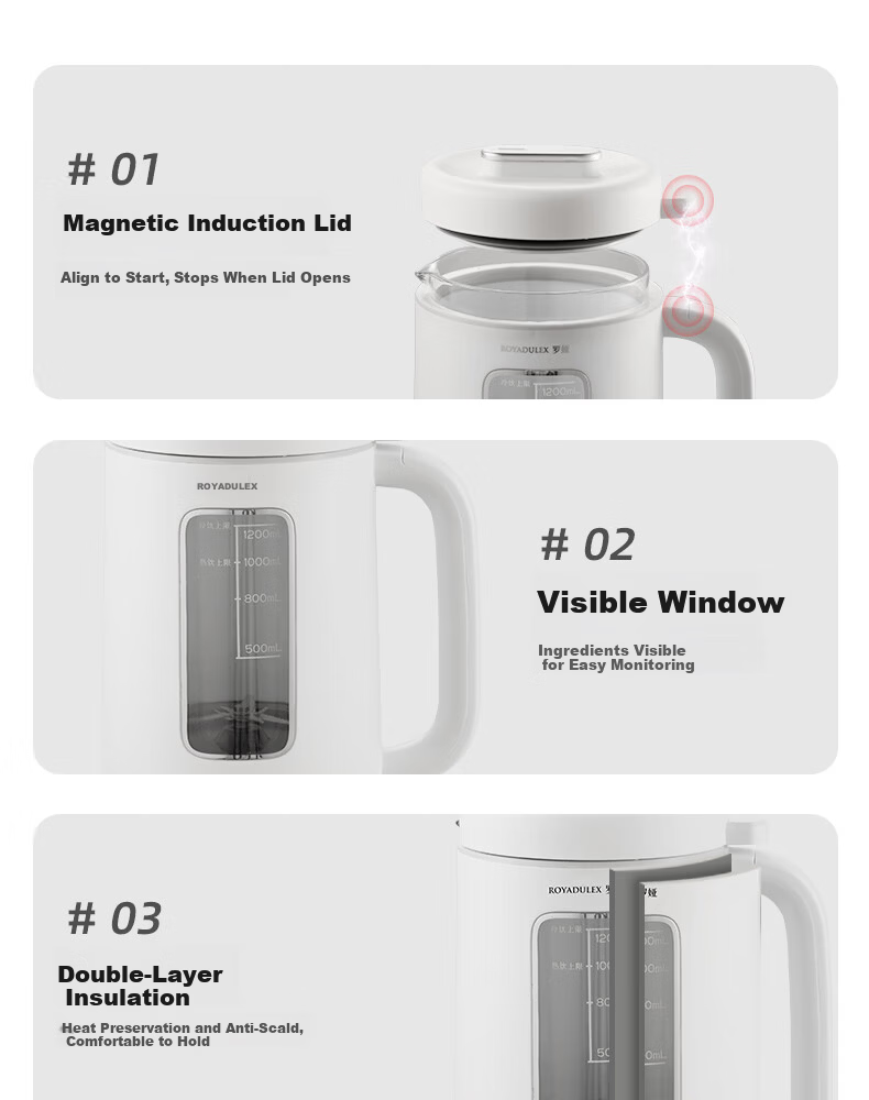 ROYALTY LINE 1.2L Soy Milk and Blender Machine, Household 2-3 Person, Noise Reduction, 16-Blade Fully Automatic Timer, No Soaking, No Filtering, Multifunctional Baby Food Processor, Compact Food Proce 25