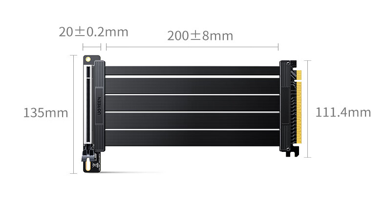 Ugreen PCIe 4.0 x16 GPU Extension Cable 20cm Vertical Graphics Card Riser Flexible Adapter 180° to 90° for Desktop Gaming PC Case Modification 85997 16