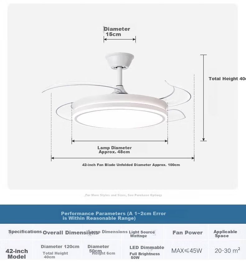 Huipujinggong LED Ceiling Fan Light with Invisible Blades, Variable Frequency Full Spectrum Lighting Fixture for Dining Room, Bedroom, Living Room, 42 Inches 12