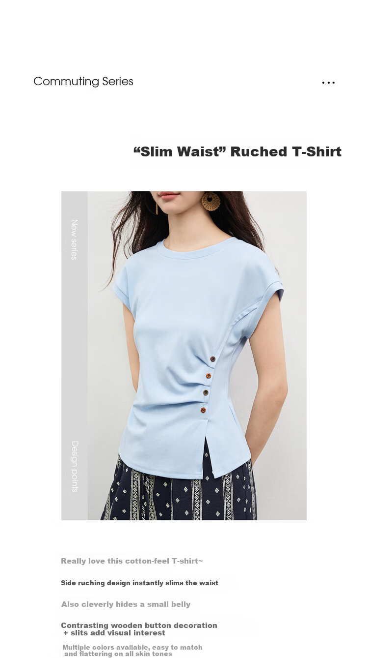 Shangdubila Cotton Blend Crew Neck Youthful T-Shirt for Women Spring Summer Side Slit Slim Fit Knitted Top Color-Block Button Pleated Women's Wear 1