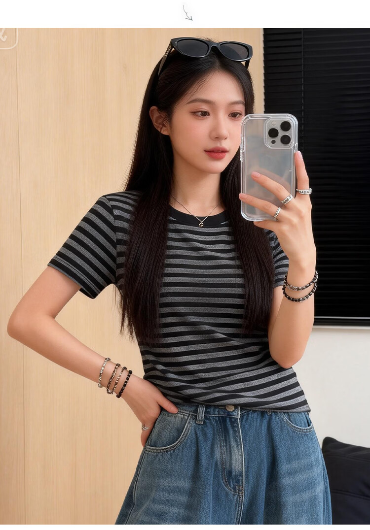 Yiershuang Women's Summer Base Layer T-Shirt, Lyocell Tencel Thin Striped Slimming Short Sleeve Top 17