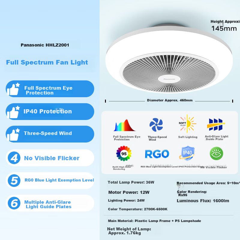 Panasonic Fan Light Full Spectrum IP40 36W Eye Protection LED Lighting for Dining Room Bedroom with Installation Included