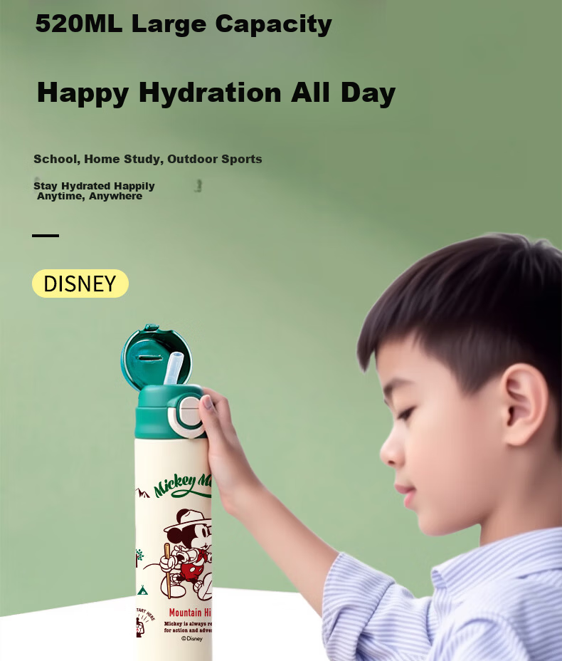 Disney Kids Insulated Stainless Steel 316 Large Capacity Straw Water Bottle Portable Double Drinking Cup for Boys and Girls Elementary School Students 15