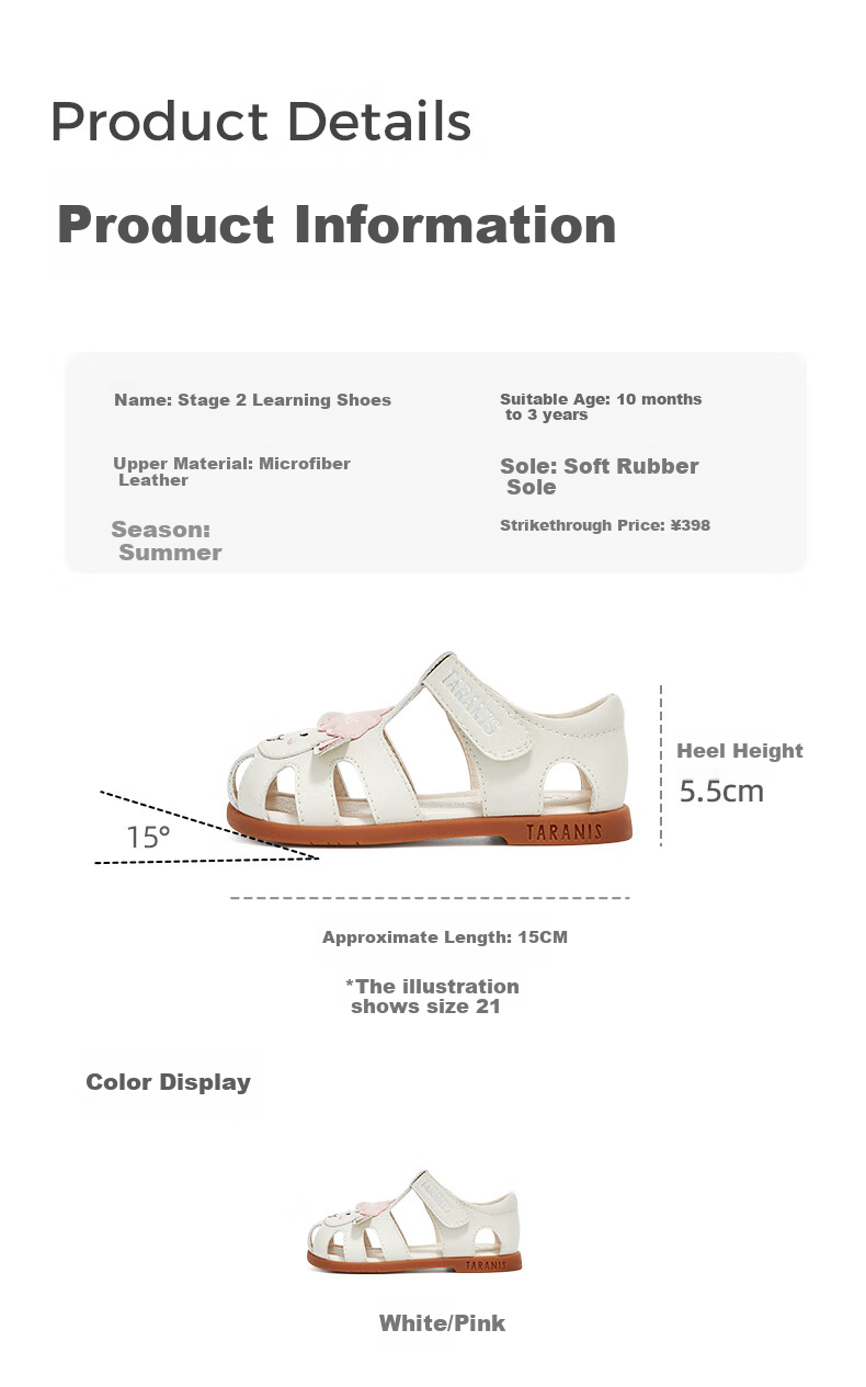 Tilanis Summer New Kids Non-Slip Soft Sole Girls Cute Sandals Closed-Toe Anti-Kick Baby Shoes White/Pink Size 23 3