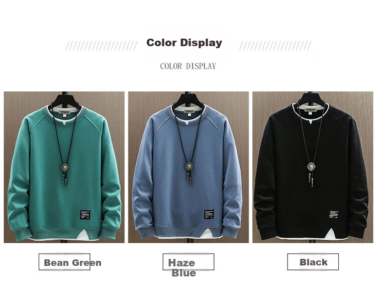 TUCANO Men's Sweatshirt Spring Autumn Loose Fit Crew Neck Casual Long Sleeve T-Shirt Fake Two-Piece Top Mist Blue 2XL 3