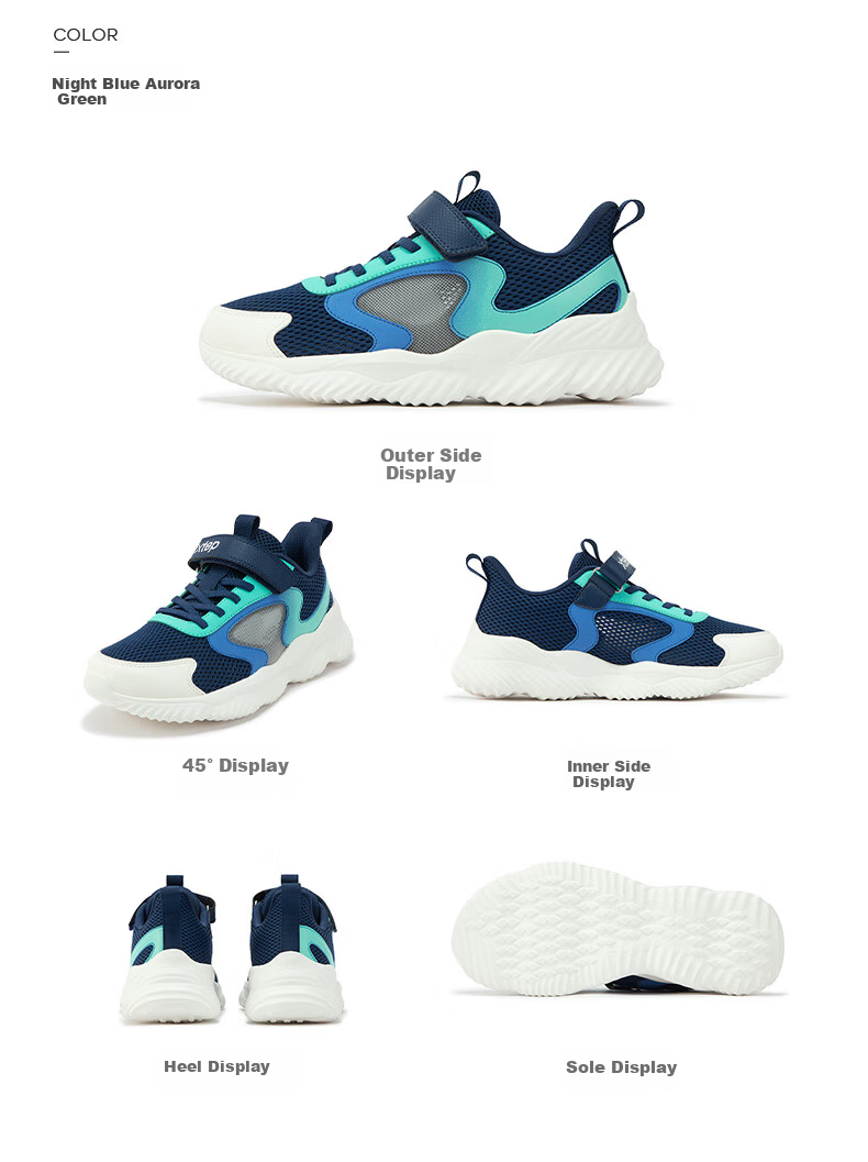 XTEP Children's Shoes, Boys' Big Kids Leather And Mesh Patchwork Velcro Running Shoes, Night Blue/aurora Green, Size 39 17