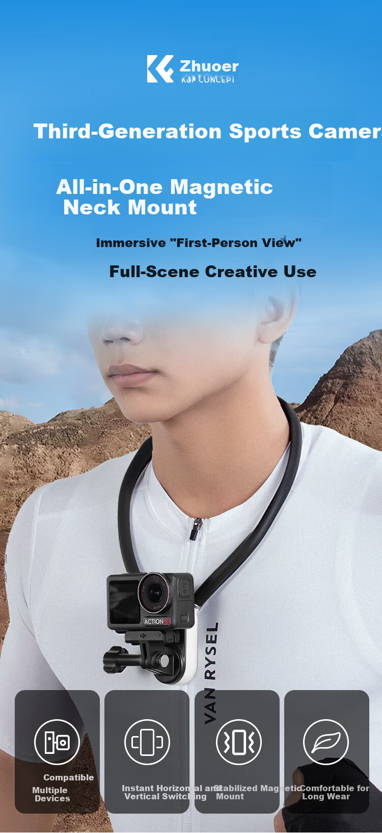 K&F CONCEPT Magnetic Neck Strap Mount for DJI Action 5 Pro/4 Pocket3, Insta360 Ace Pro Nano, First-Person POV Sports Camera and Mobile Phone Holder 1