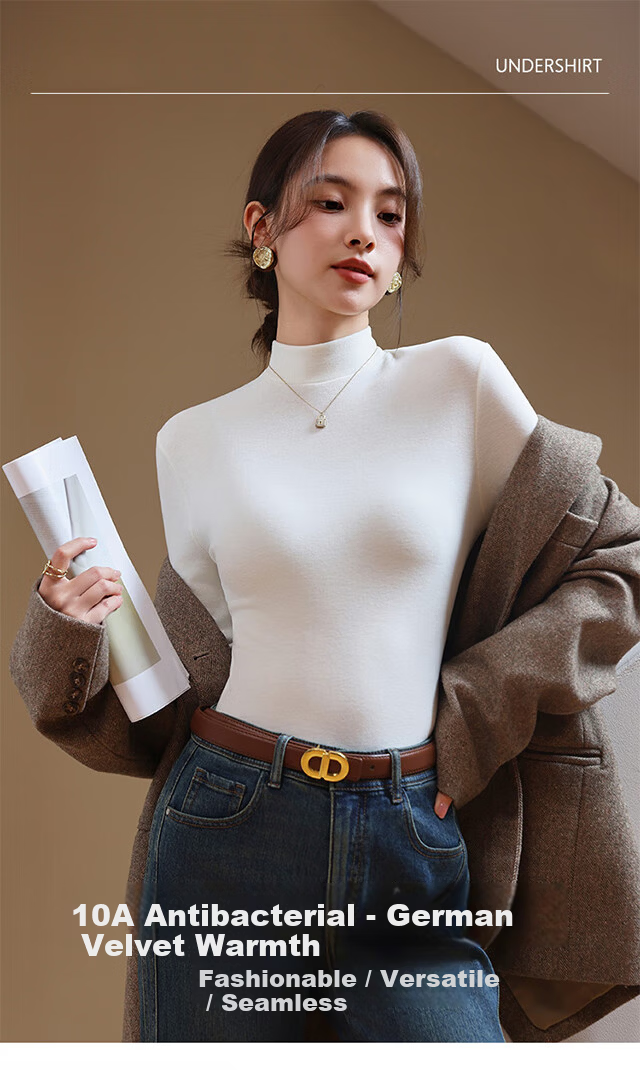XUEXIMAN Women's Turtleneck Fleece-Lined Thickened Double-Sided Velvet Thermal Layered Top for Autumn and Winter 1