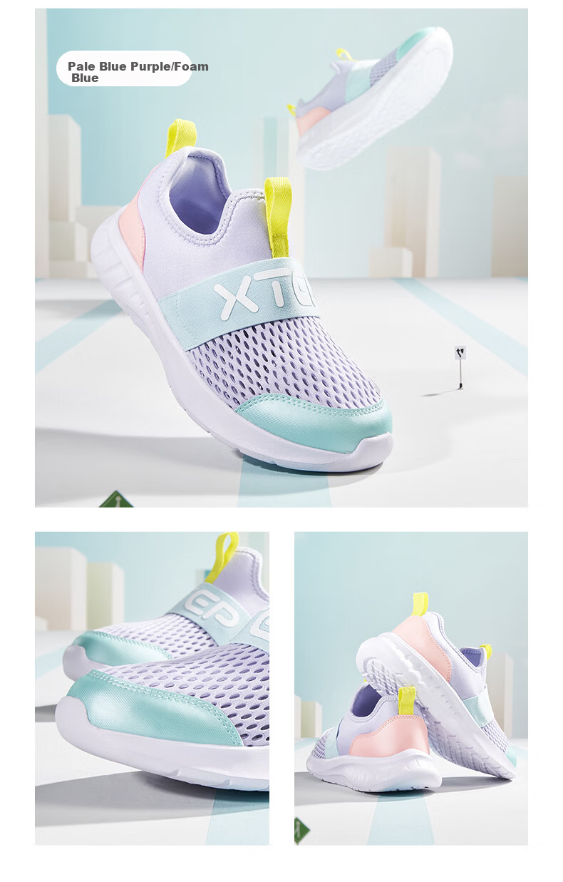 XTEP Children's Shoes, Girls' Sneakers for Older Kids, Breathable Mesh Slip-On Running Shoes, Snow Purple/Foam Blue 2, Size 39 12