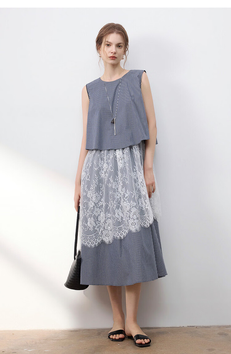 Demana [Cloud Oxygen Cotton Series] Summer Retro Plaid Lace Splice Sleeveless Flared Slim Fit Designer Women's Dress 16