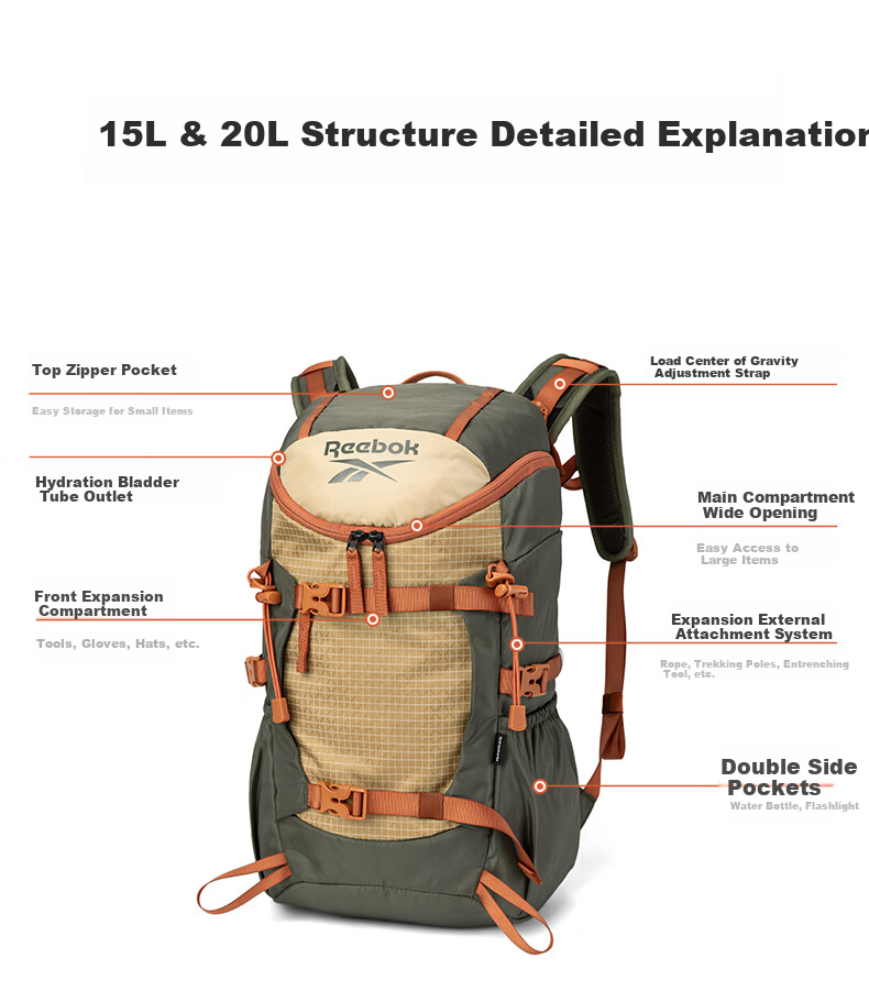Reebok Lightweight Hiking Backpack for Men And Women, 2026 New Water-Resistant Travel Sports Outdoor Mountaineering Bag Commuter Backpack for Me 8