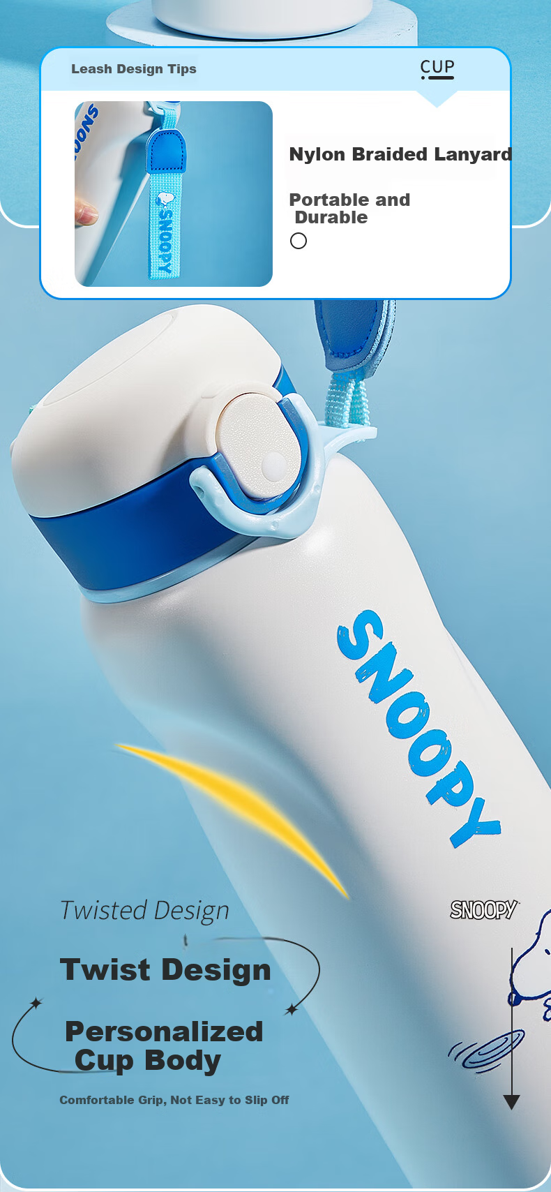 SNOOPY Children's Insulated Cup 316 Stainless Steel Boys and Girls Elementary School Students Portable Direct Drinking Bottle Water Cup with Lanyard 480ml Blue 3