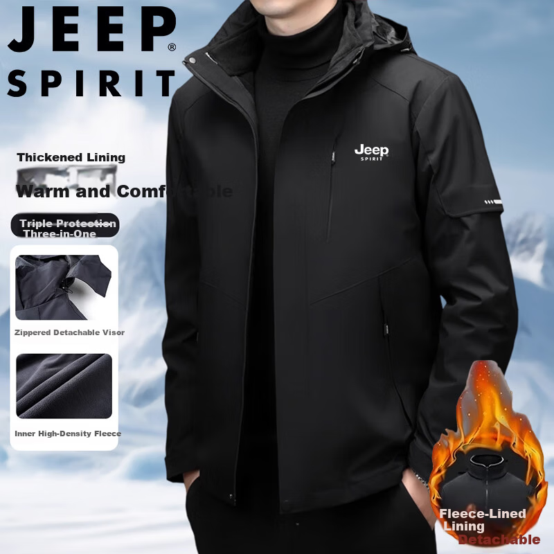 JEEP SPIRIT Men's Outdoor Windproof Hooded Jacket Warm 3-in-1 Coat Black XL