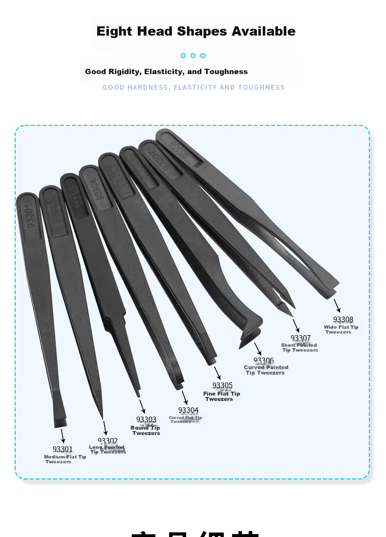 Mashifu Anti-Static Plastic Tweezers 8-Piece Set Black Non-Slip Precision Carbon Fiber Tweezers Kit with 8 Sizes 4