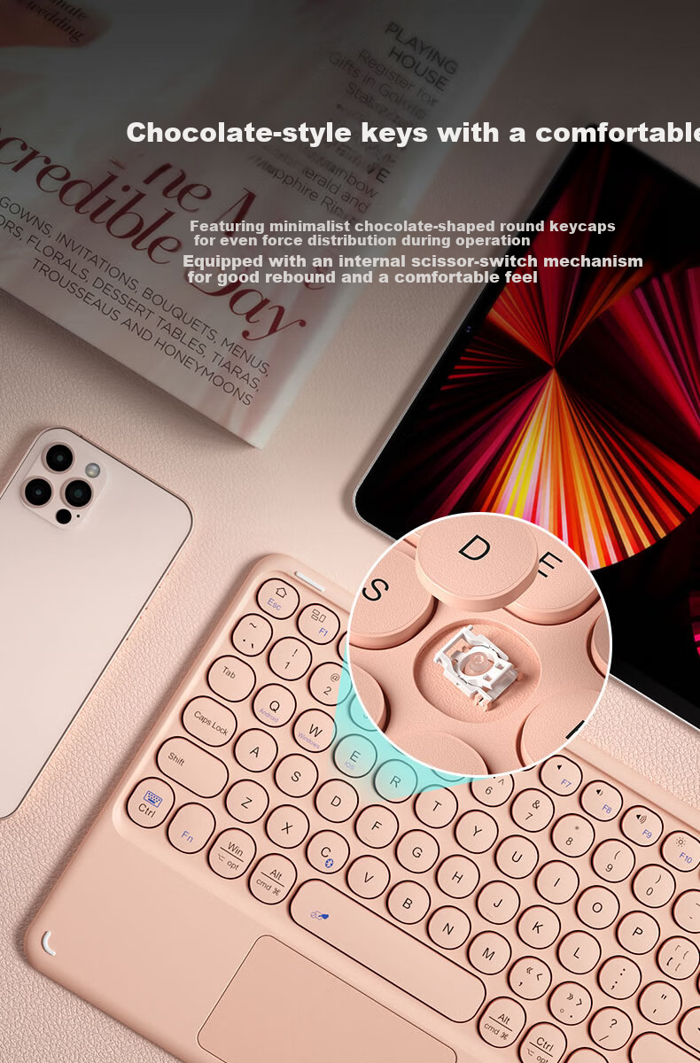 B.O.W Hangshi HB252 Ultra-thin Bluetooth Wireless Touch Keyboard for iPad Xiaomi Huawei Apple Tablet Mobile Laptop Silent Rechargeable Keyboard Pink 7