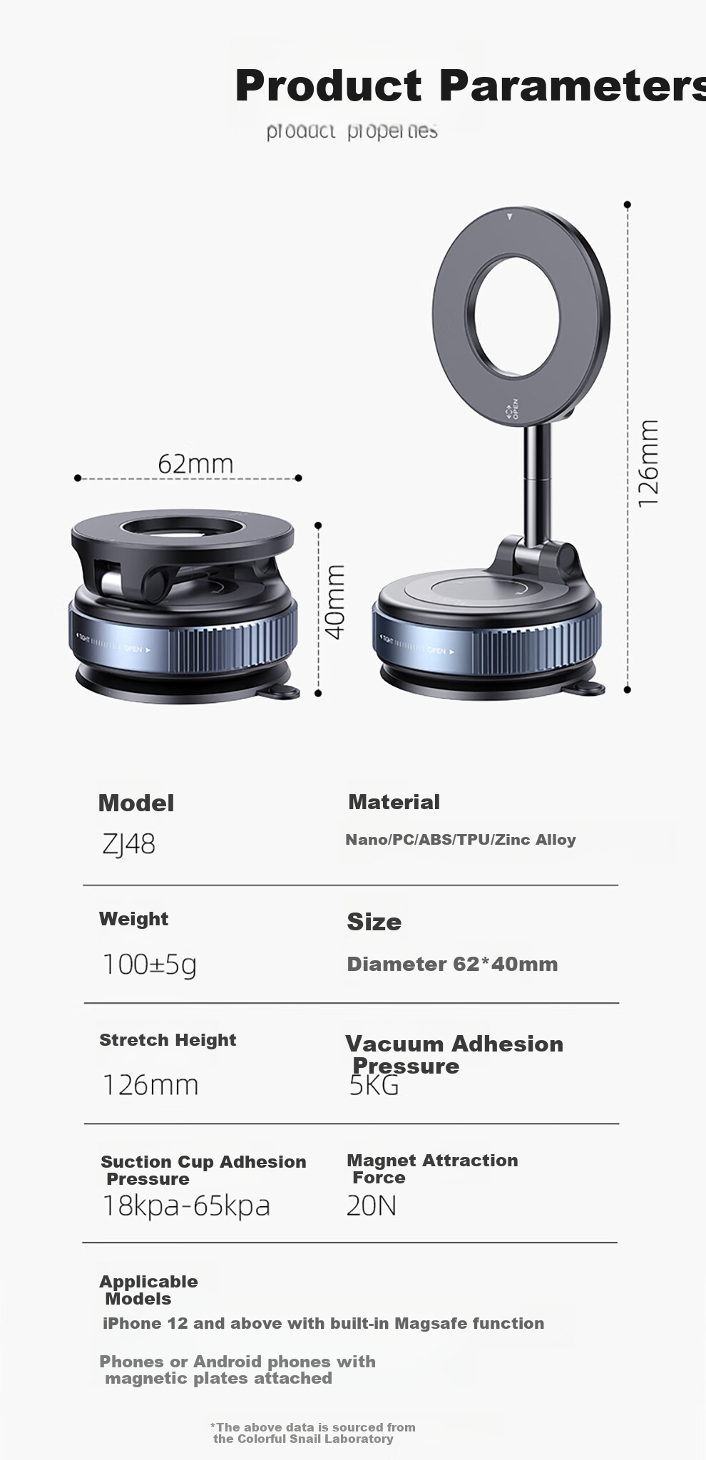 Wonew【Detachable Epoxy Resin】Colorful Snail Magnetic Car Phone Holder Vacuum Car Mount with Leather Texture 15