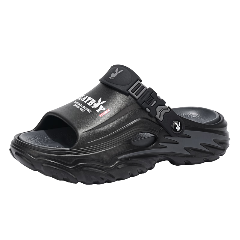 PLAYBOY Men's Summer 2026 Hole Shoes Thick Sole Dual-Purpose Sandals Beach Shoes Black Gray Size 42/43