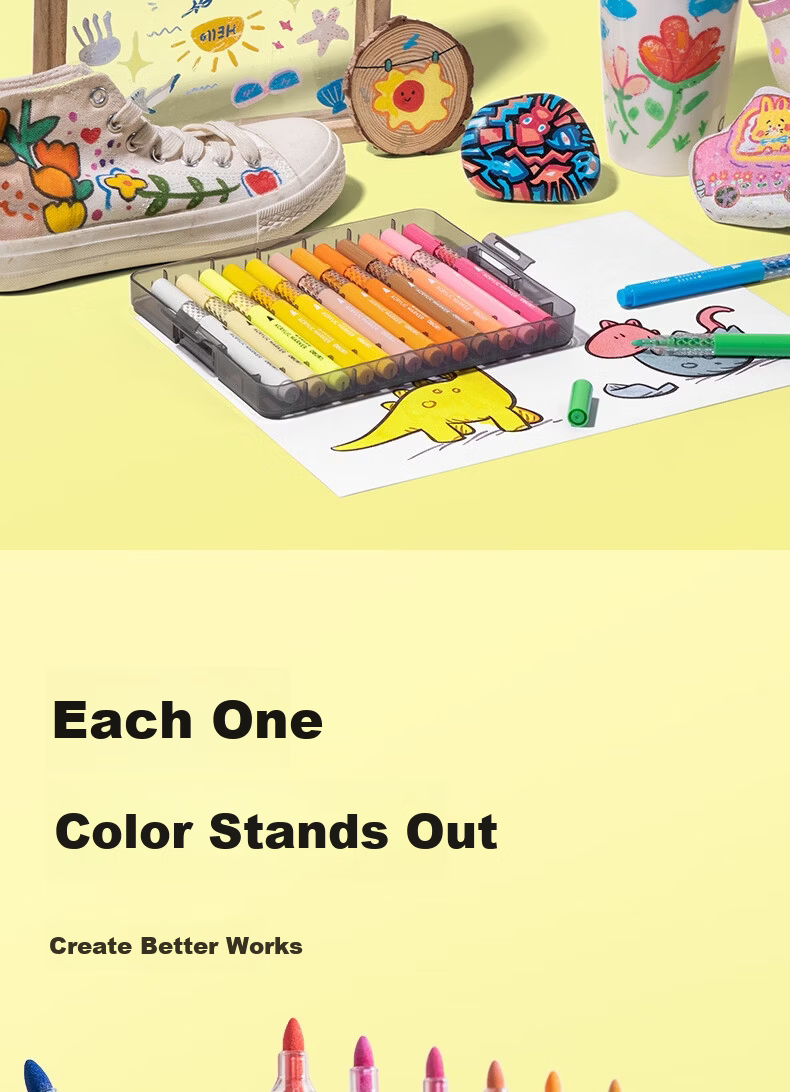 Deli 36-Color Children's Student Stacking Box Star Flash Cabin Round Acrylic Markers Watercolor Pens Birthday Gift Waterproof Hand-painted Gouache Fluorescent Markers New Year Tree Graffiti 9