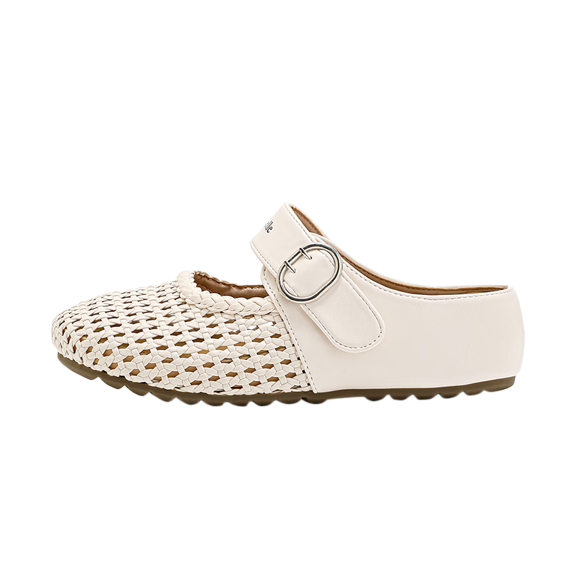La Chapelle Women's Hollow Woven Slide Sandals with Buckle Soft Sole Vintage Two-Way Half Slippers Beige Size 38 JWGZ796