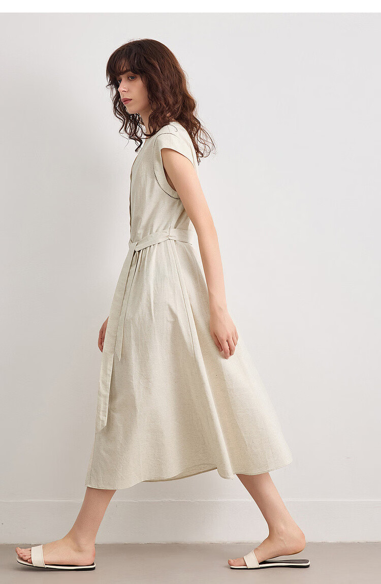 Demana [With Linen Cotton] Summer Commuter Style Lace Splice Cap Sleeve V-Neck Waist Cinched A-Line Mid-Length Dress for Women 20