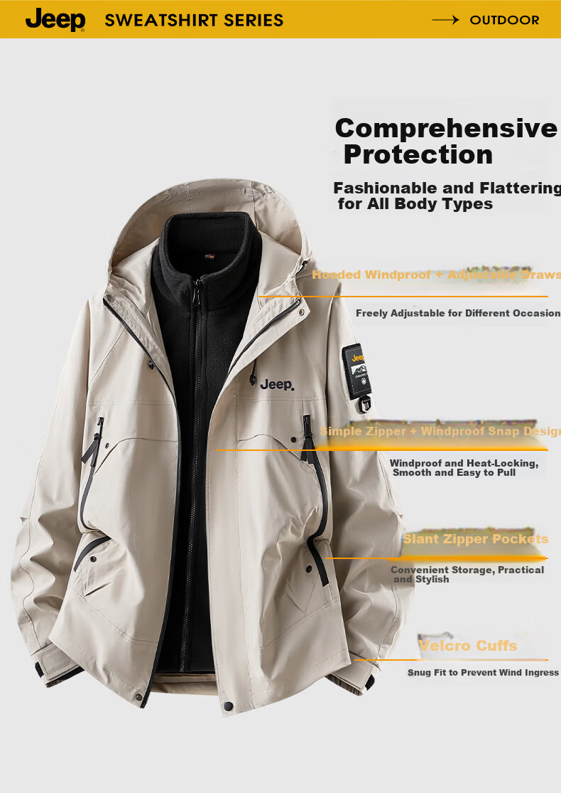 JEEP Men's 3-in-1 Jacket Autumn Winter Outdoor Waterproof Thickened Warm Mountaineering Coat Black 2XL 6