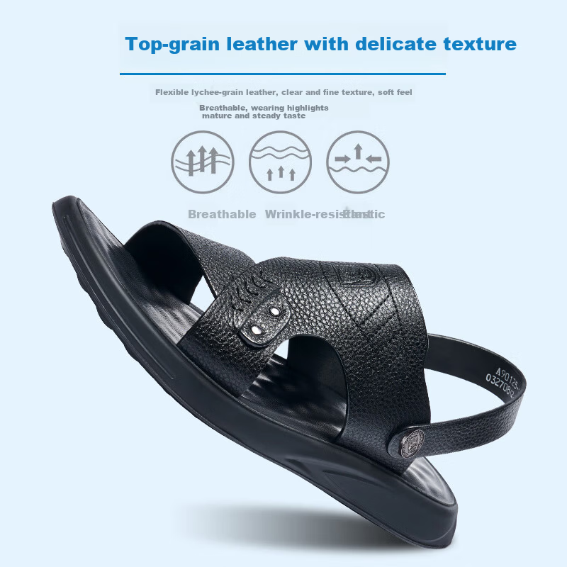 LAORENTOU Men's Summer Sandals Beach Shoes First Layer Cowhide Dual-Use Leather Sandals A90125 Black Size 38