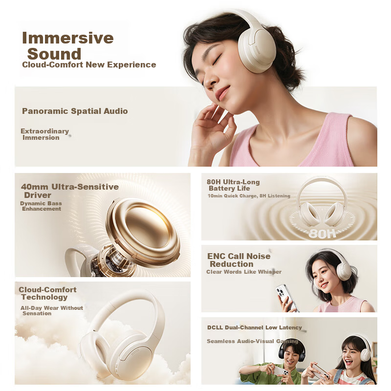 Baseus BH1 Lite Over-Ear Headphones Bluetooth V6.0 Physical Noise Cancellation Gaming Low Latency 80H Long Battery Life Compatible with Apple Huawei Phones Gift