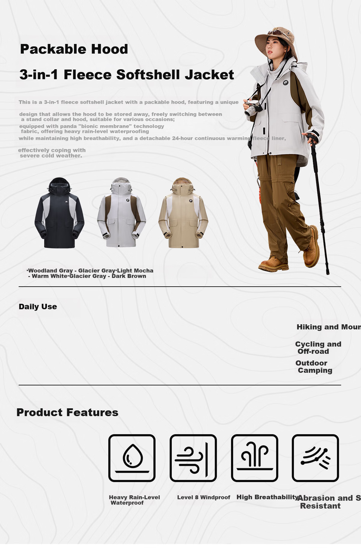 Panda Camel Series 3-in-1 Outdoor Jacket Unisex Windproof Rainproof Fleece Hiking Coat 1612, L 3