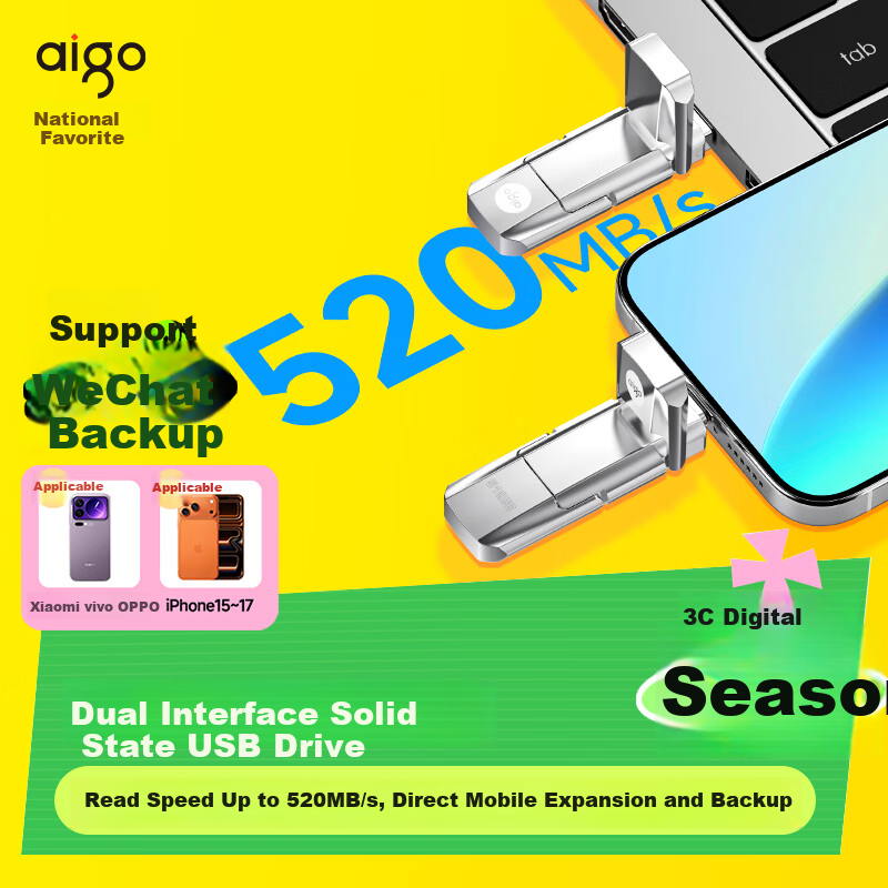 Aigo 1TB Solid State USB Flash Drive Dual Interface for Mobile and PC Type-C/USB3.2 520MB/s High-Speed U393 Large Capacity USB Drive