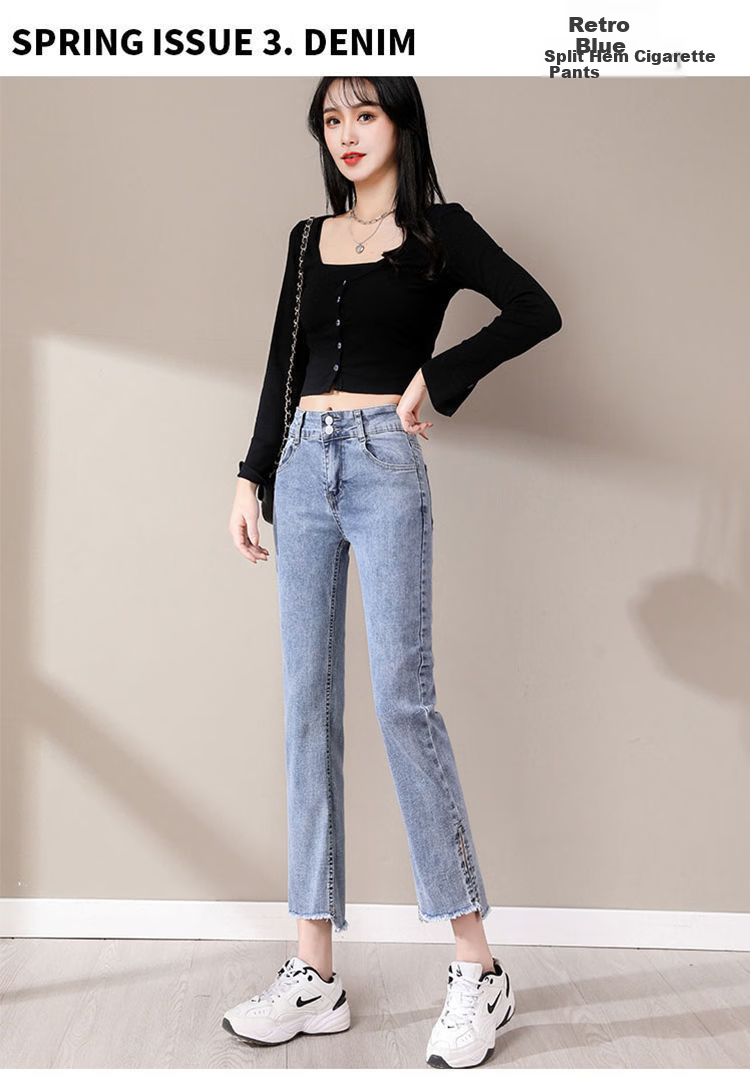 Pierre Cardin Women's High-Waist Stretch Light Blue Cropped Slim Fit Jeans with Slit, Summer, Size L 10