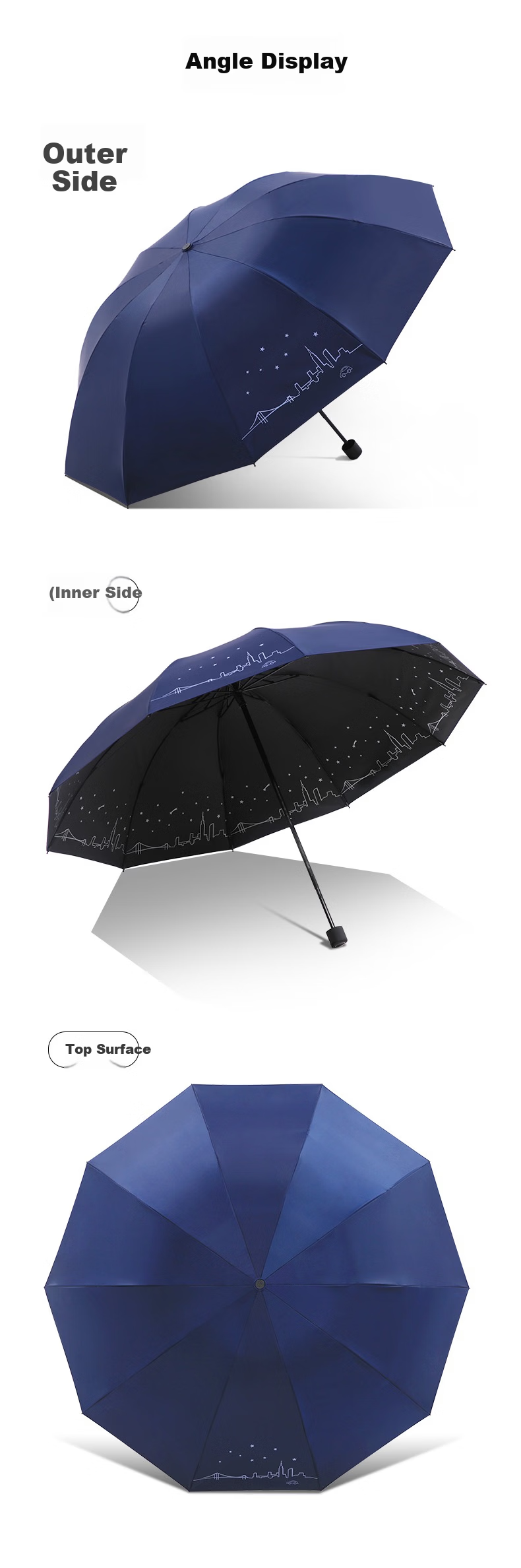 Tiantangsan Double-Person Umbrella, Three-Fold, 10 Ribs, Large Size, Windproof, Black Rubber, Sun Protection, Dual-Use Umbrella, Starry Sky Blue 6