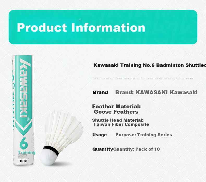 KAWASAKI Badminton Training Grade No.6 Full Round Goose Feather Durable Training and Competition Shuttlecocks 10-Pack 10