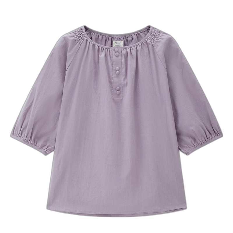 Giordano Women's Cotton Linen Shirt 2026 Summer New Loose Pleated Round Neck Raglan Mid Sleeve Shirt 05346461