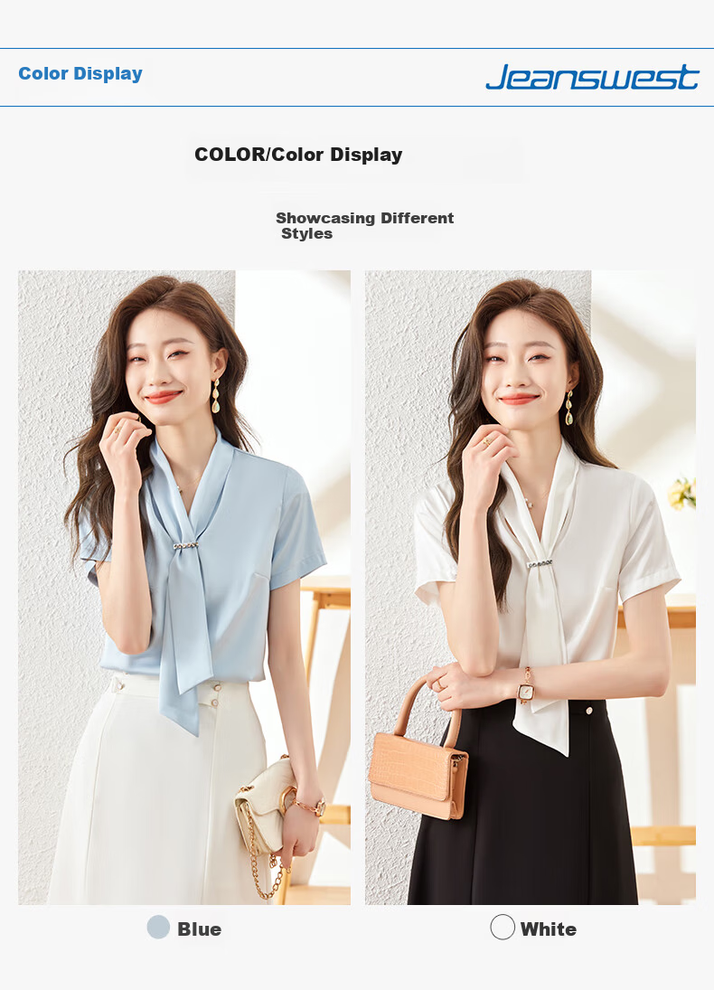 Jeanswest Women's Summer Fashion Chiffon Casual Short Sleeve V-Neck Ribbon Blouse Blue XL 2