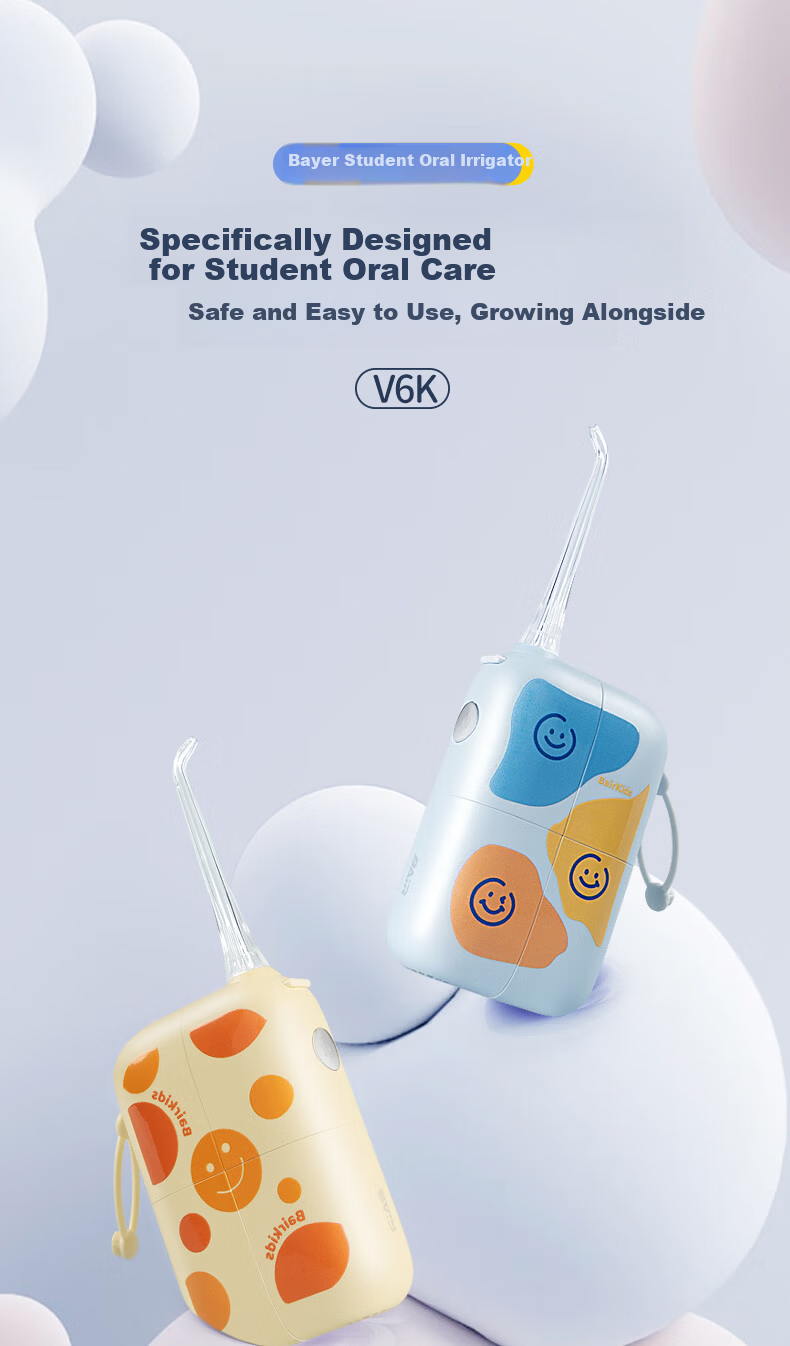 Bayer Student Special Mini Magnetic Suction Oral Irrigator for Kids 6-12 Years Old Portable Orthodontic Dental Water Flosser V6K Yellow-Orange Kids Edition 1