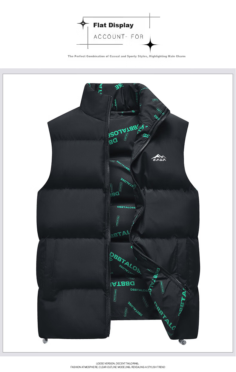 NASA MARVEL Cotton Vest Autumn Winter Men's Sleeveless Stand Collar Reversible Warm Couple Jacket Black 4XL 8