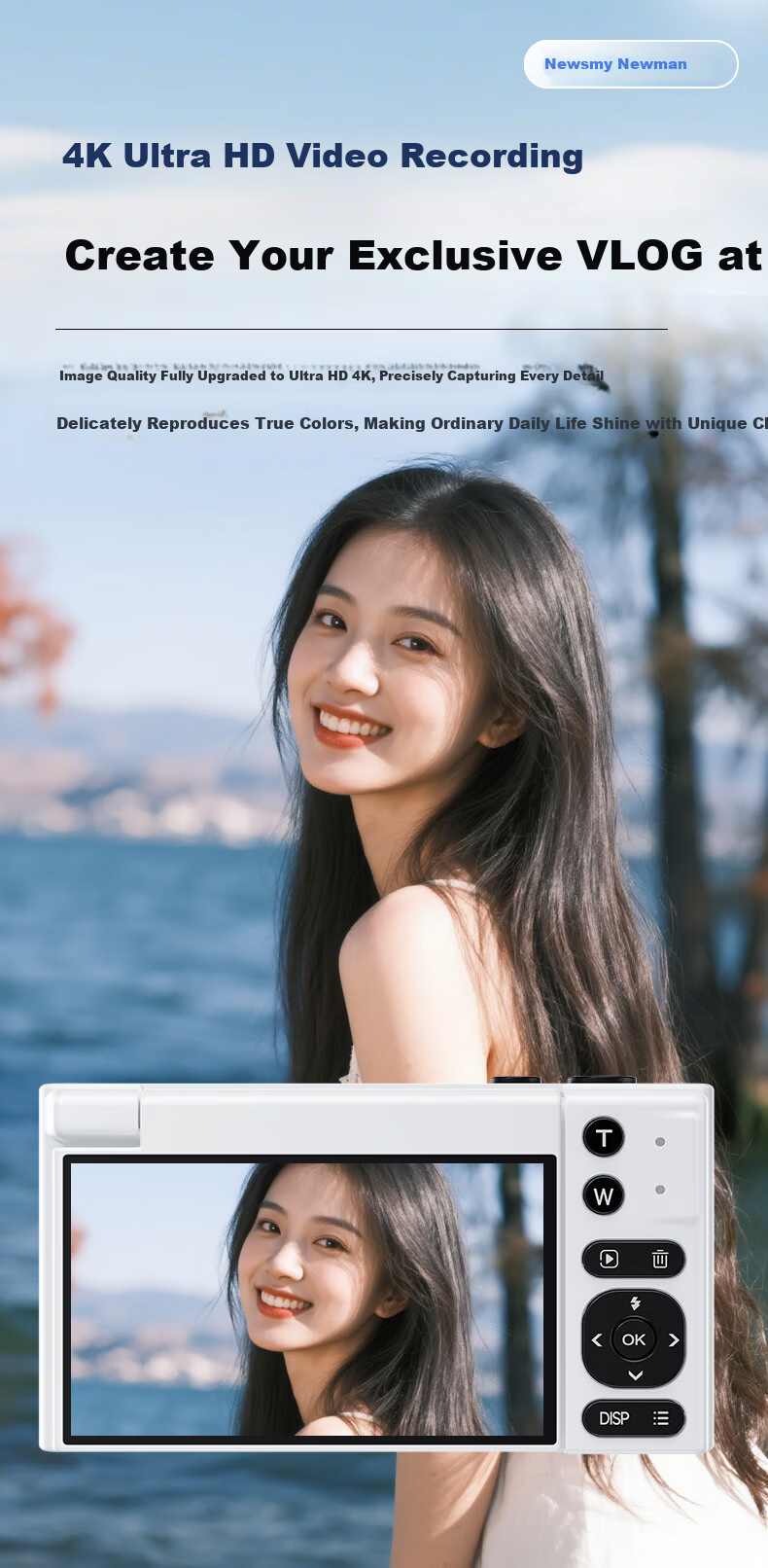 Newsmy N8 Digital Camera Student CCD Flip Screen Selfie HD Pixel Campus Photography Travel Entry-Level Mirrorless Beauty Filter Girls Birthday Gift 64G+Wide Angle Lens 13
