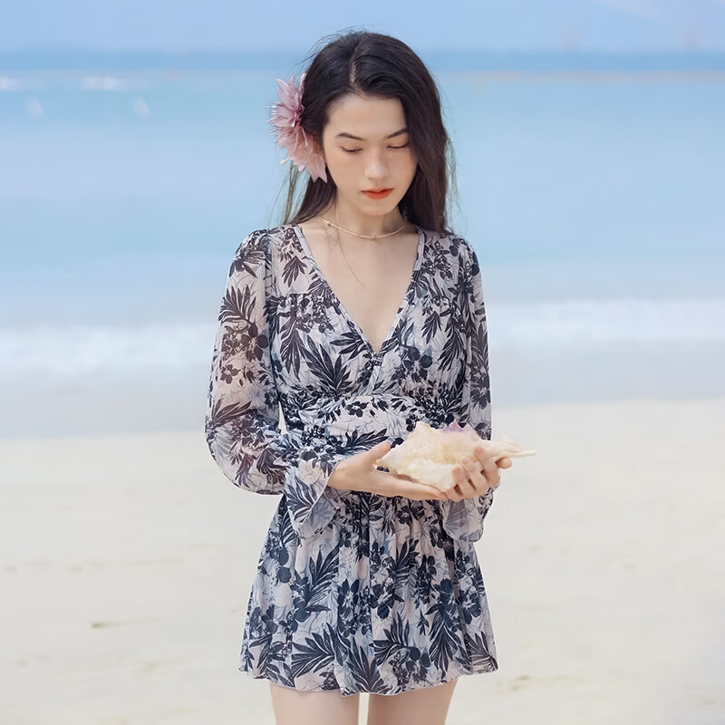 Sanqi Women's One-Piece Swimsuit Skirt Style V-Neck Sexy Tummy Control Slimming Vacation Hot Spring Long Sleeve Plus Size Fairy Style Swimwear M