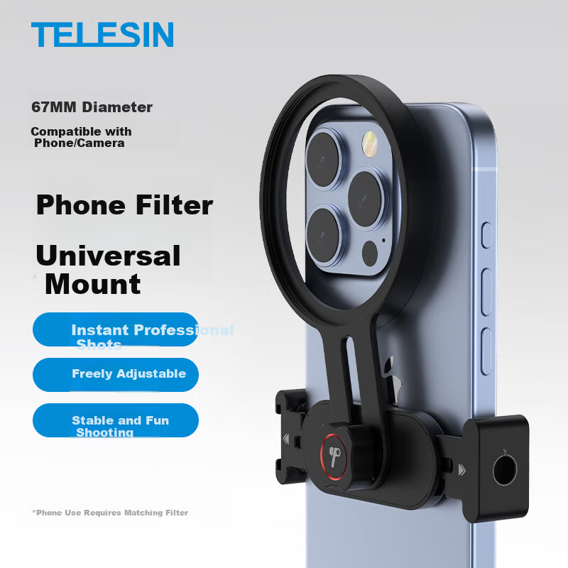 TELESIN 67mm Mobile Phone Filter Lens Holder Adapter Ring Kit for Apple Huawei Oppo Xiaomi Vivo Camera Photography ND16/32 Neutral Density CPL Polarizing Filter