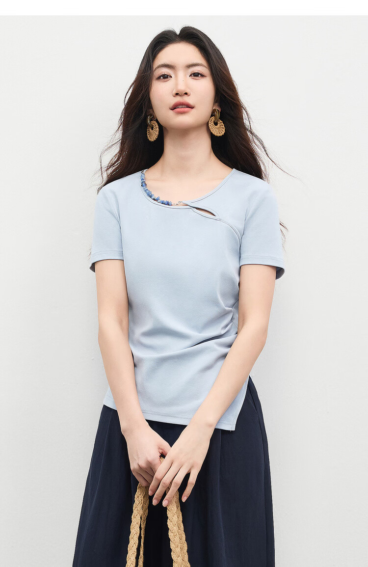 Shangdu Bila Cotton Blend Pleated Slim Fit T-Shirt Women Spring Summer Designer Round Neck Hollow Out Asymmetric Overlap Irregular Split Top 12