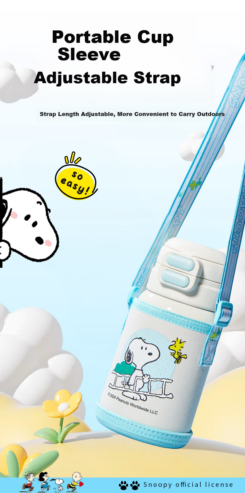 SNOOPY Insulated Water Bottle for Kids, Stylish 316 Stainless Steel Large Capacity Tumbler for 6-12 Year Old Students, Girls' Portable Straw Cup 8