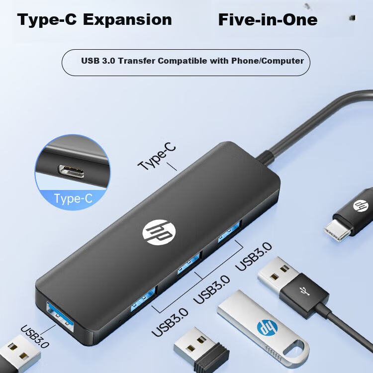 HP Docking Station Type-C to USB Hub High-Speed 3.0 Splitter Expansion Dock Apple Computer Adapter USB Extension Cable CT210 Black