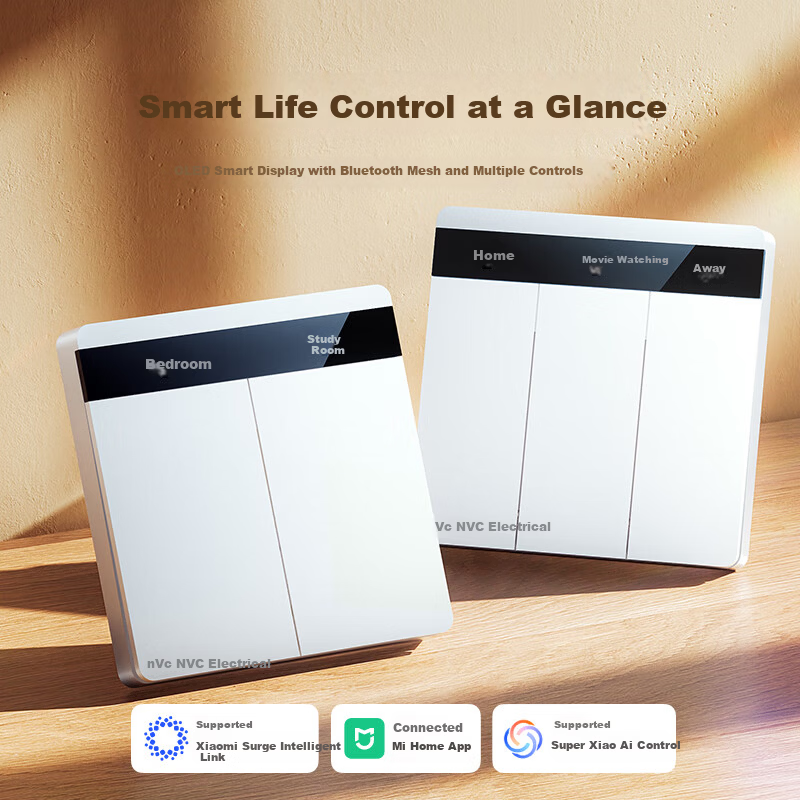 NVC Lighting Electrical Switch Socket Screen Display Smart Switch Compatible with Mijia Customizable Button Names Zero Fire Double Key White