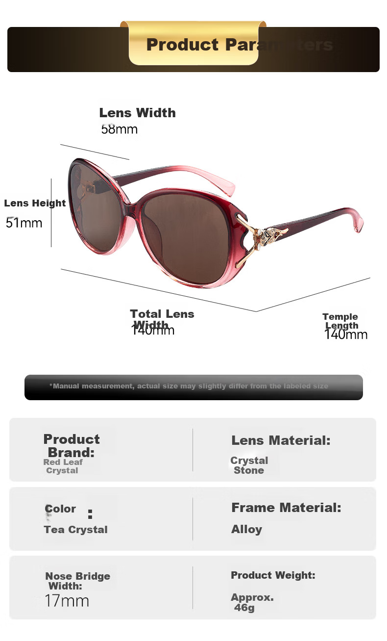 HONGYE Elegant Women's Crystal Sunglasses for Mom, Sun Protection, Clear Vision, Slimming, Stylish Elderly Stone Lens Shades 12