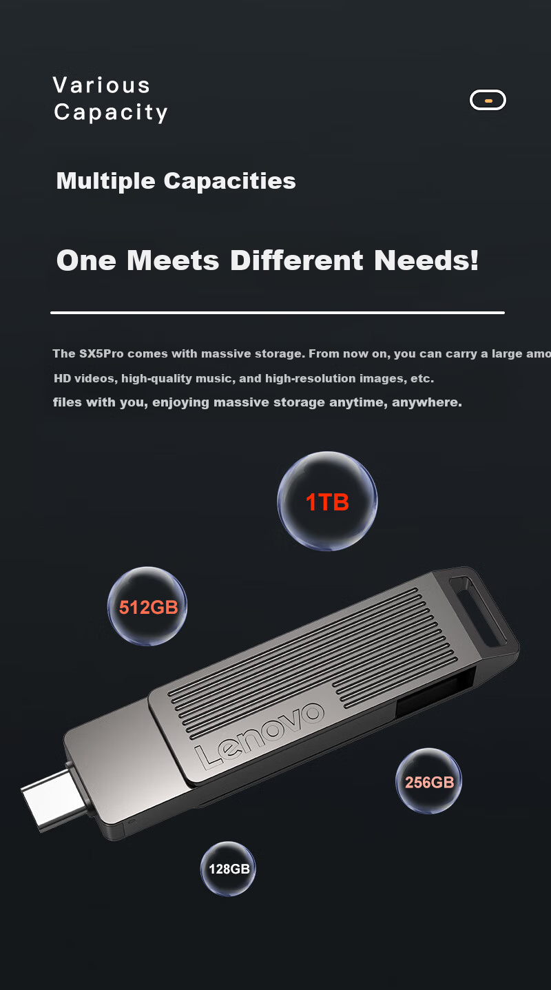 Lenovo 128GB Solid State USB Flash Drive Type-C/USB3.2 Dual Interface Rotating USB Drive for Mobile and PC 500MB/s Read Speed SX5Pro Series Gray 9