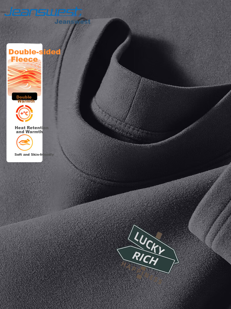 Jeanswest Men's Fleece-Lined Long Sleeve T-Shirt Autumn Winter Thickened Base Layer 7A Antibacterial Mite-Resistant Trendy Warm Base Shirt 3